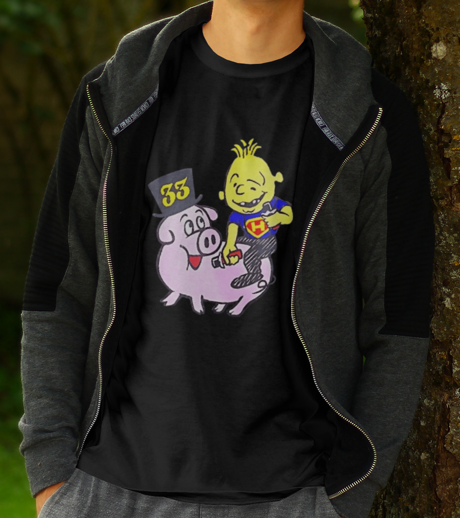33 Cartoon Boy Yellow Hair Riding Pink Pig Black Top Hat H Hero T-Shirt