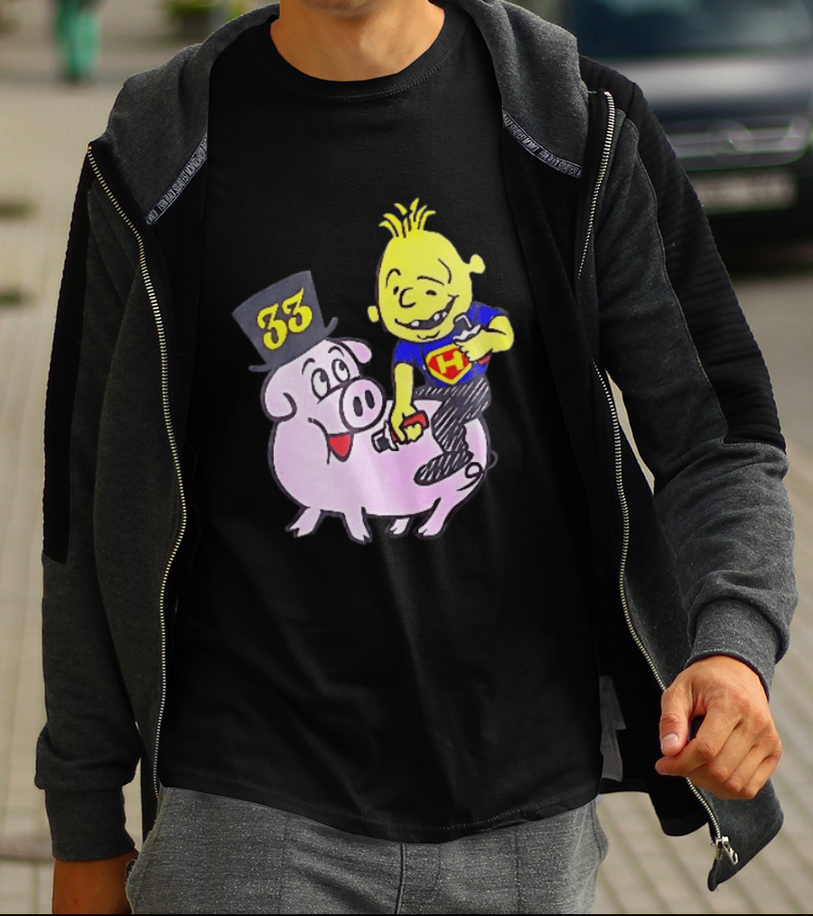33 Cartoon Boy Yellow Hair Riding Pink Pig Black Top Hat H Hero T-Shirt
