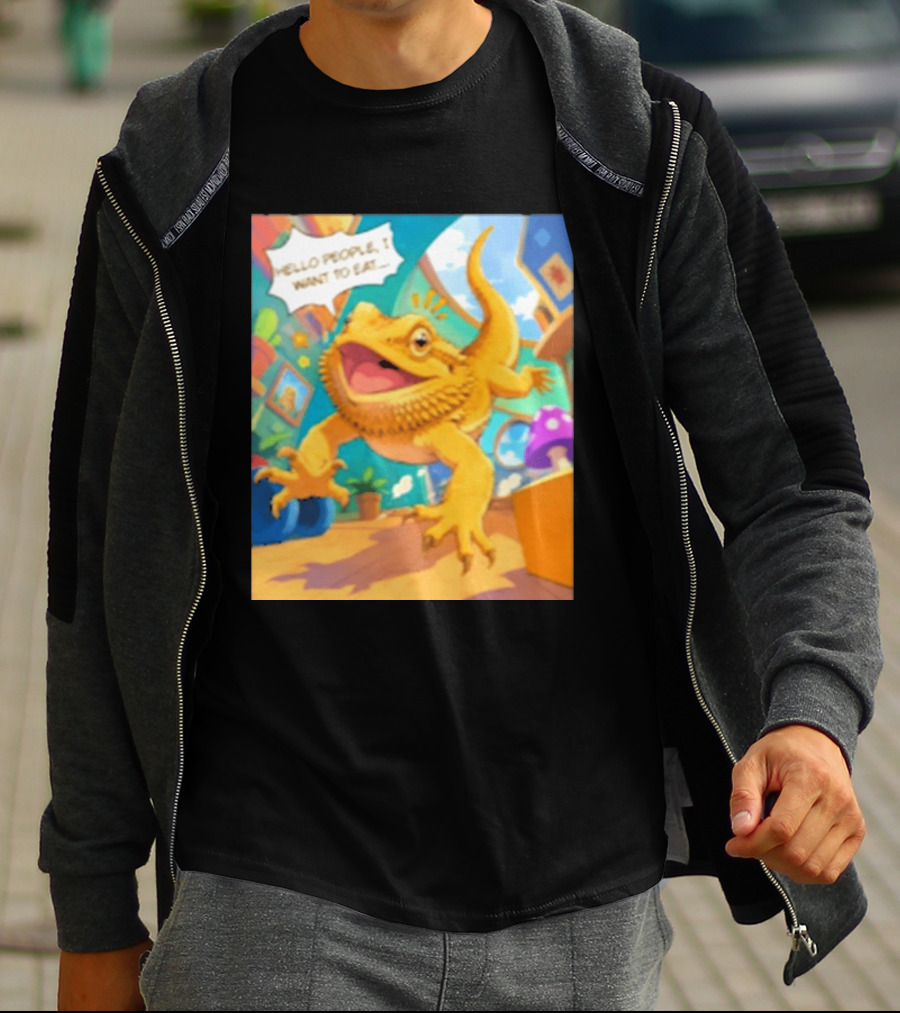 Bearded Dragon Hello People I Want To Eat Funny Lizard Cartoon T-Shirt