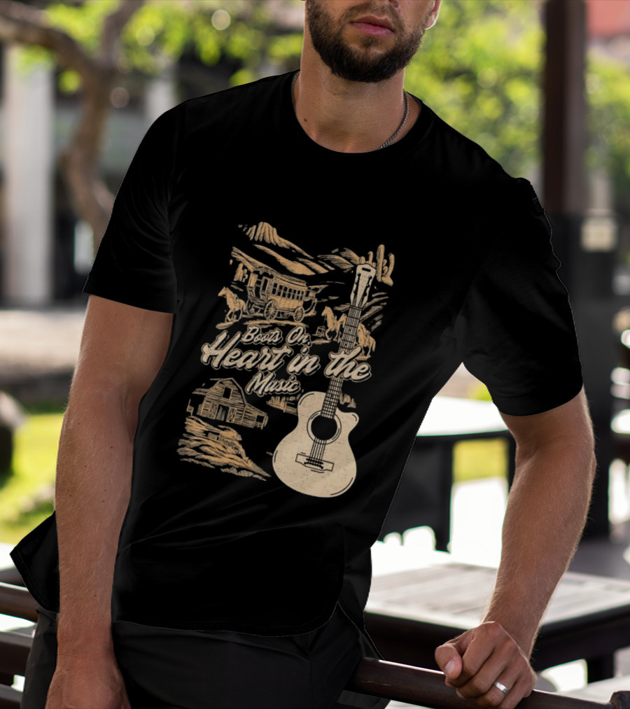 Boots On Heart In The Music Acoustic Guitar Cowboy Stagecoach Barn Scene T-Shirt
