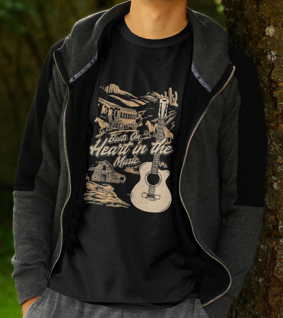 Boots On Heart In The Music Acoustic Guitar Cowboy Stagecoach Barn Scene T-Shirt