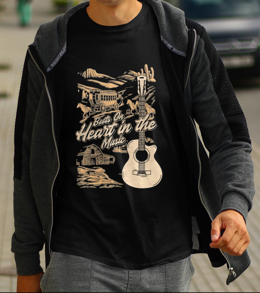 Boots On Heart In The Music Acoustic Guitar Cowboy Stagecoach Barn Scene T-Shirt