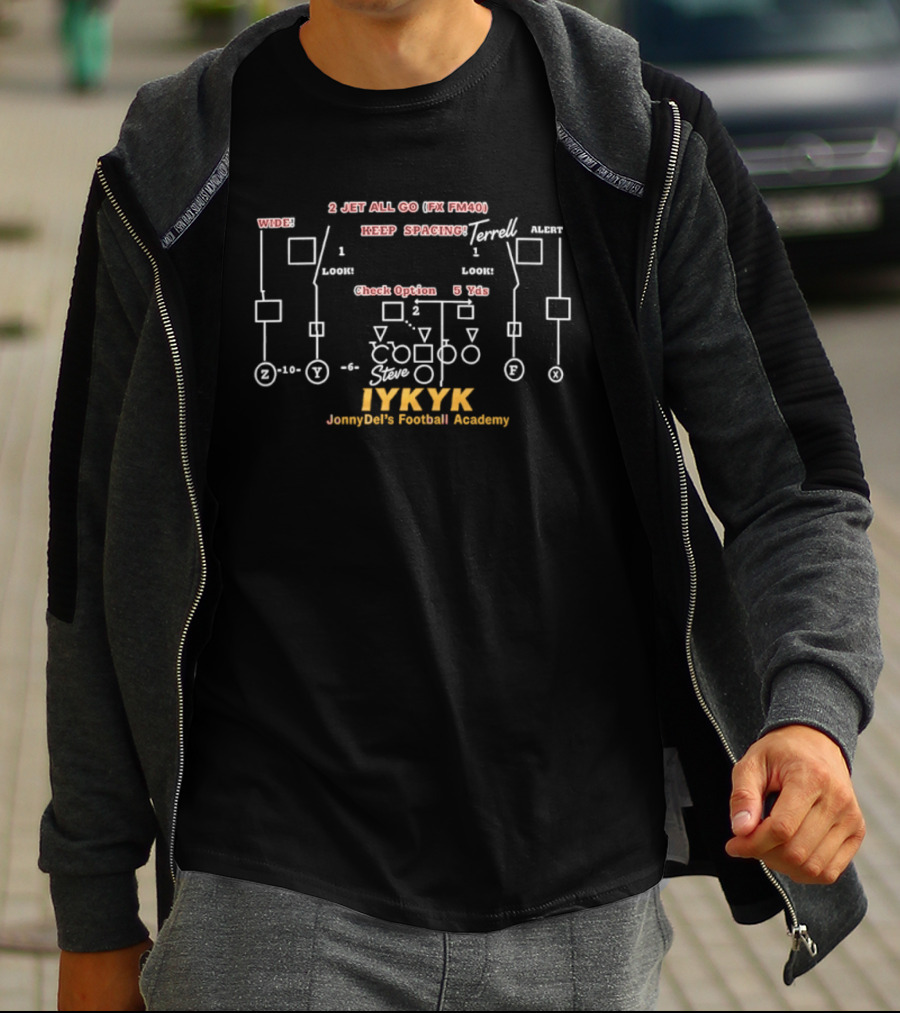 IYKYK JonnyDel's Football Academy 2 Jet All Go Playbook Terrell Steve FM FM101 Keep Spacing T-Shirt