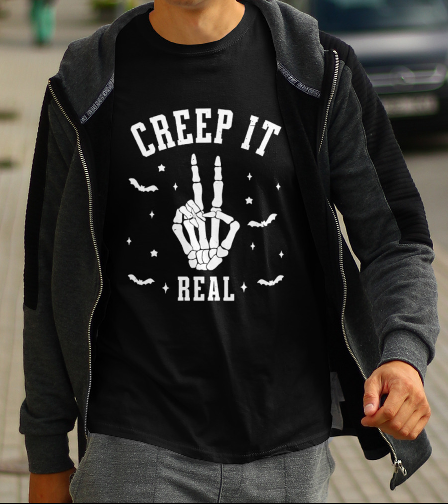 Creep It Real Skeleton Hand Peace Sign Halloween Bats Stars T-Shirt
