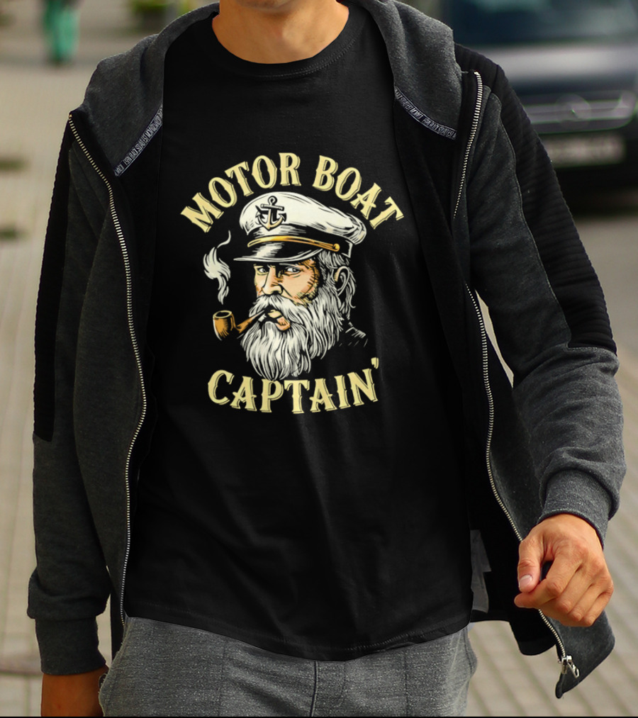 Motor Boat Captain Nautical Sea Sailor Pipe Smoking Beard T-Shirt