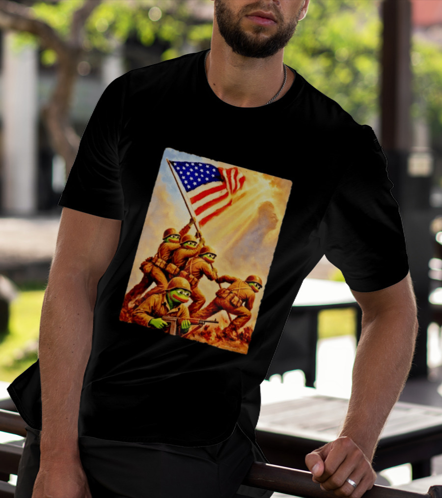 Pepe The Frog American Flag Soldiers Together We Win WWII Iwo Jima Memorial T-Shirt