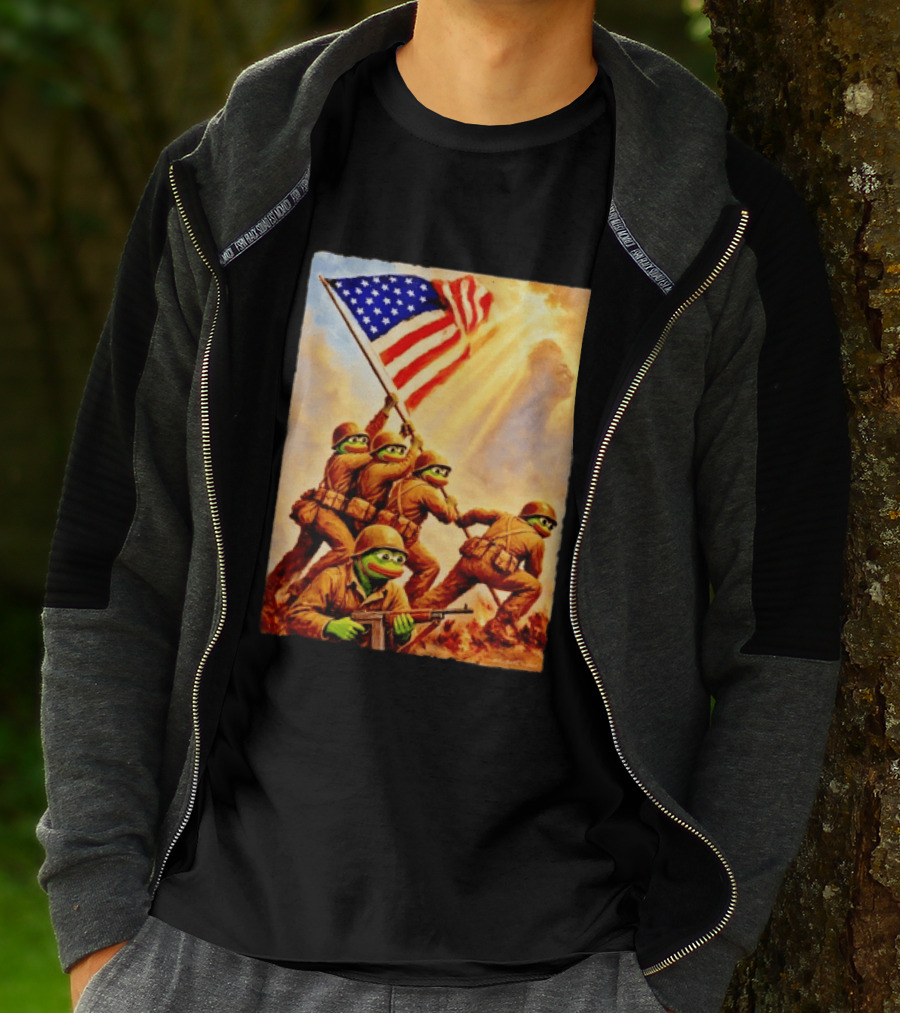 Pepe The Frog American Flag Soldiers Together We Win WWII Iwo Jima Memorial T-Shirt