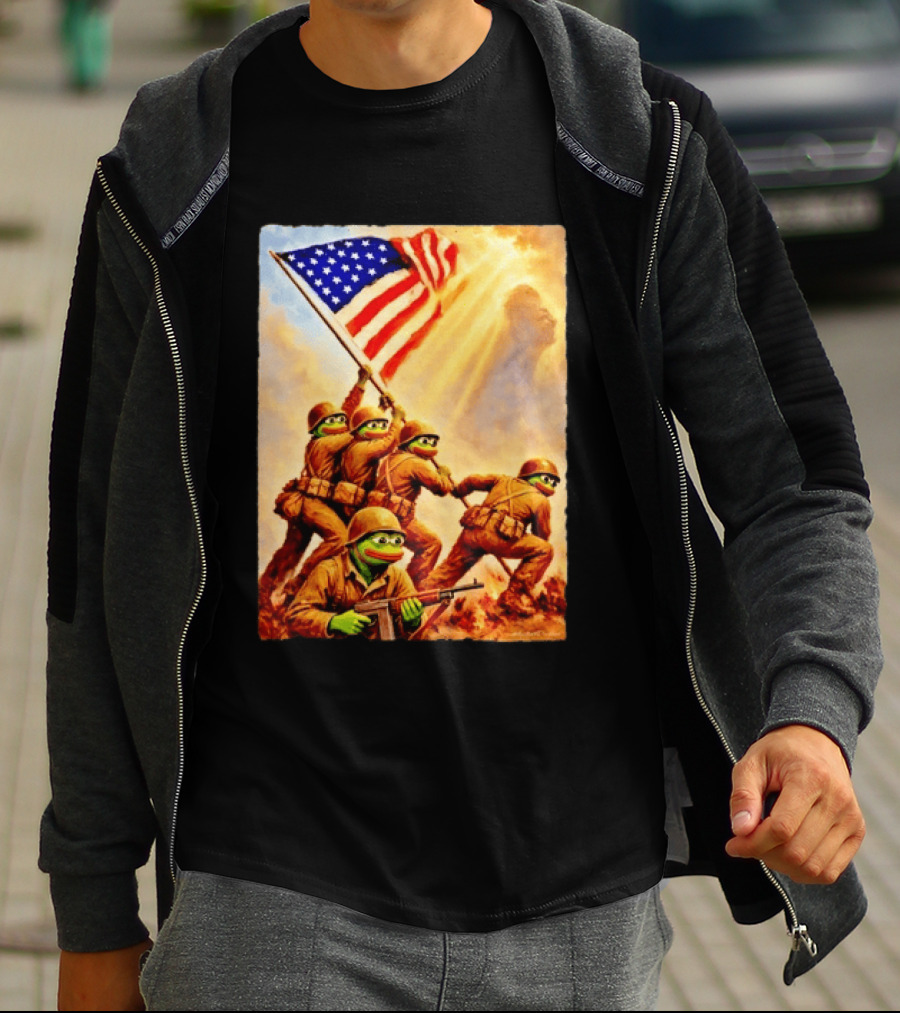Pepe The Frog American Flag Soldiers Together We Win WWII Iwo Jima Memorial T-Shirt