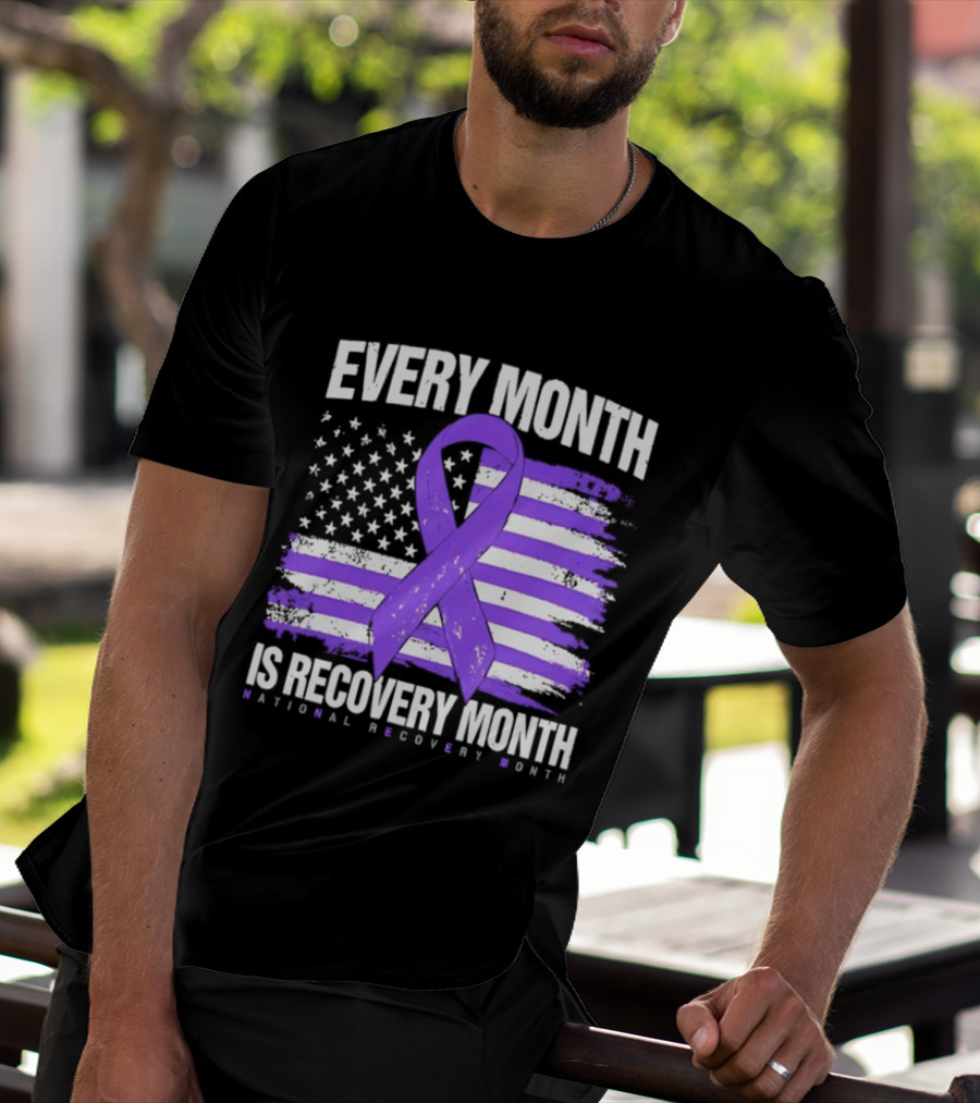 Every Month Is Recovery Month Purple Ribbon American Flag National Recovery Month T-Shirt