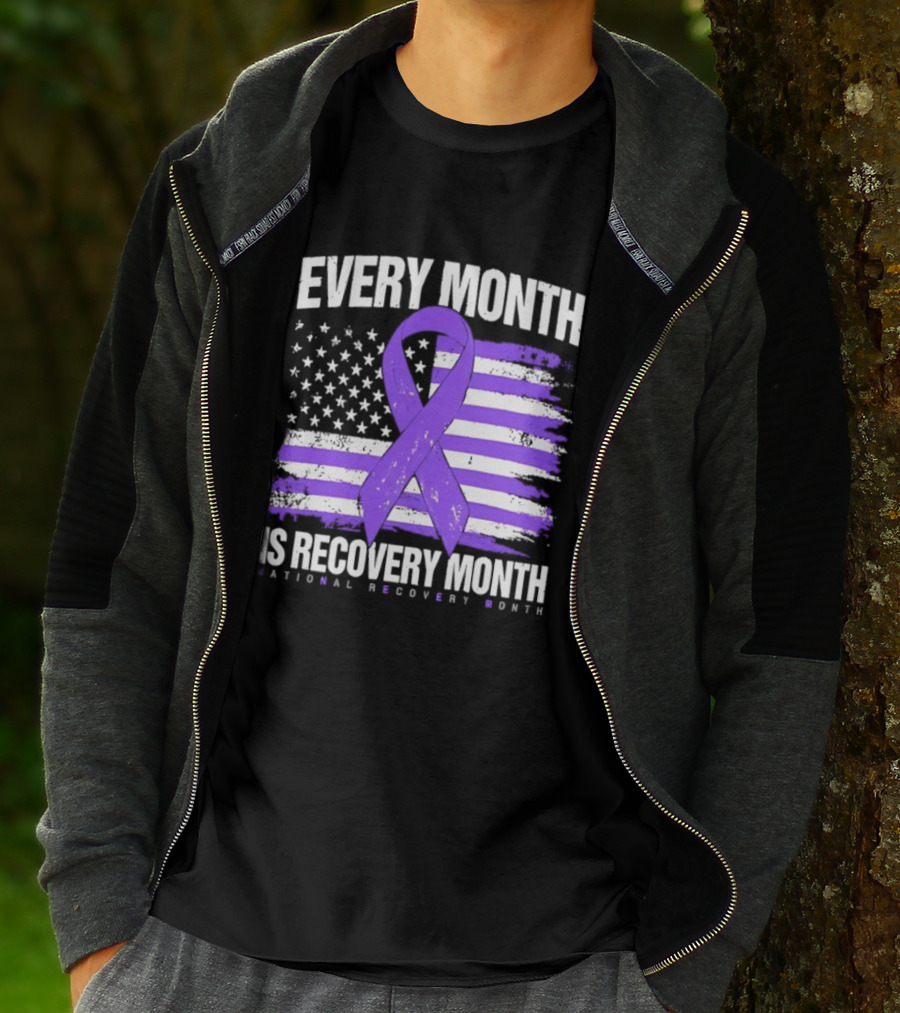 Every Month Is Recovery Month Purple Ribbon American Flag National Recovery Month T-Shirt