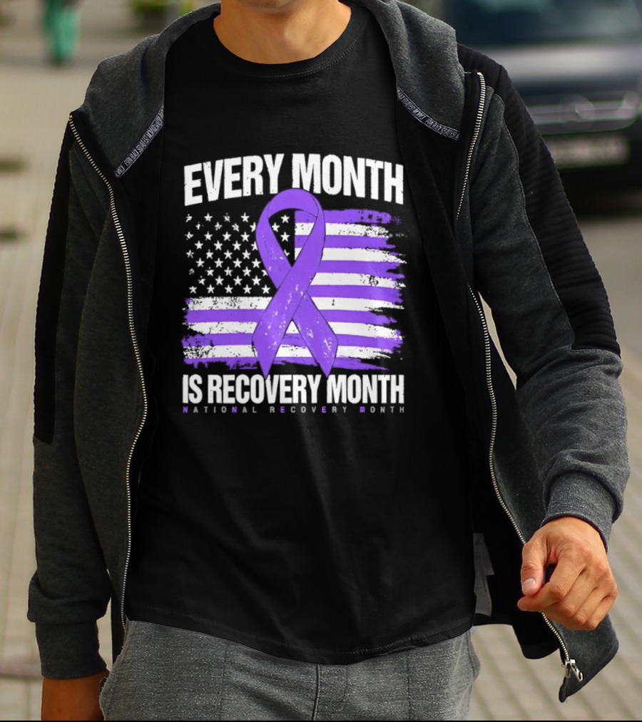 Every Month Is Recovery Month Purple Ribbon American Flag National Recovery Month T-Shirt