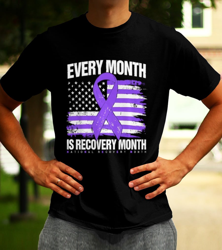Every Month Is Recovery Month Purple Ribbon American Flag National Recovery Month T-Shirt