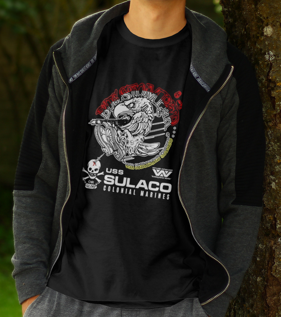 USS Sulaco Colonial Marines Bug Stomper We Endanger Species Weyland Yutani Corp Skull T-Shirt