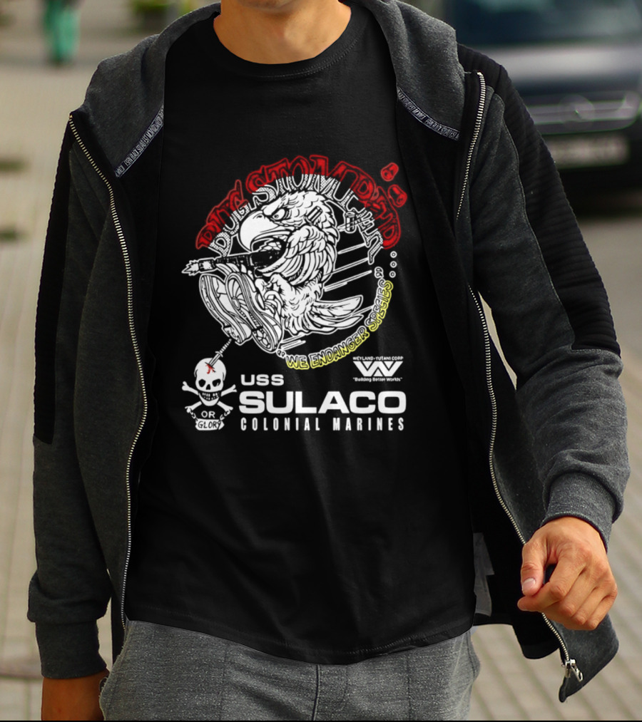 USS Sulaco Colonial Marines Bug Stomper We Endanger Species Weyland Yutani Corp Skull T-Shirt