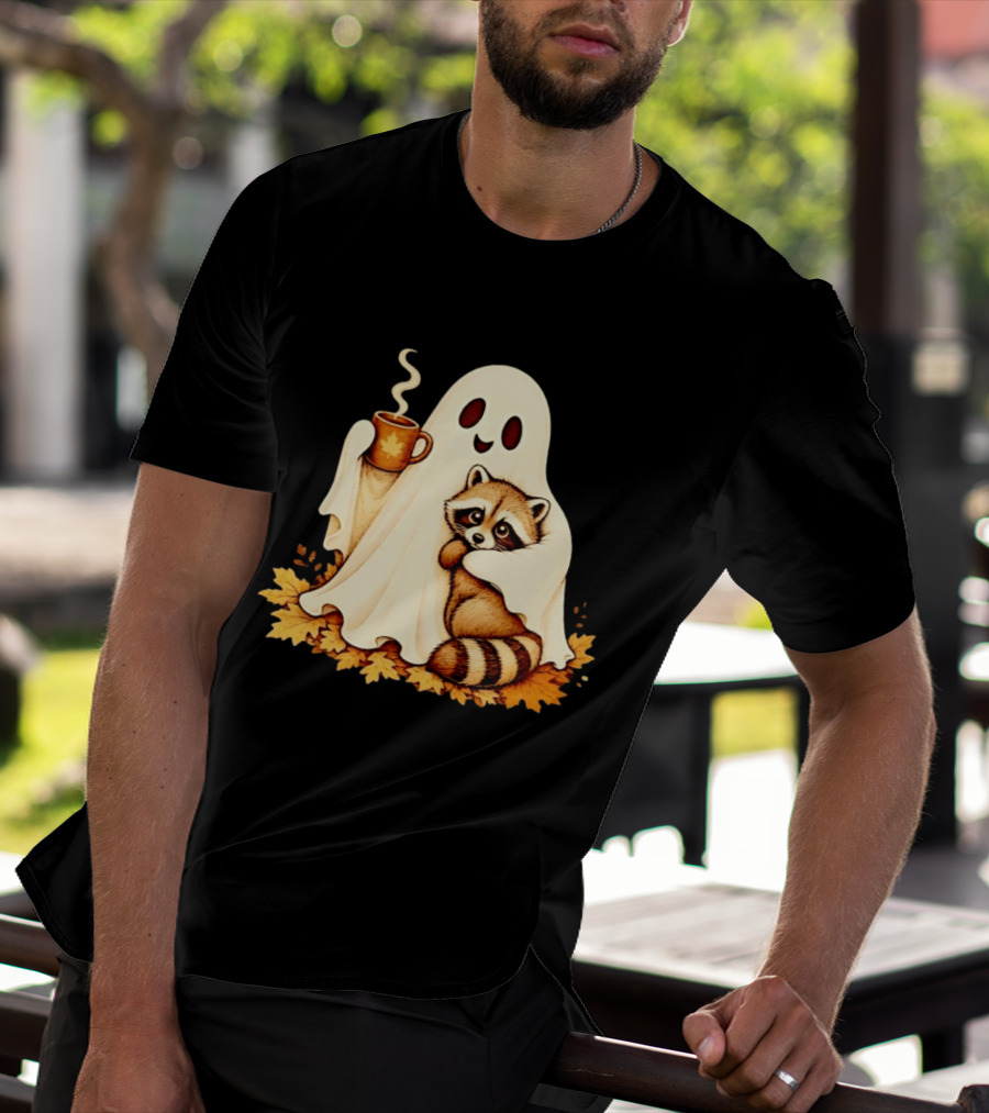 Ghost Hugging Raccoon With Coffee And Autumn Leaves T-Shirt