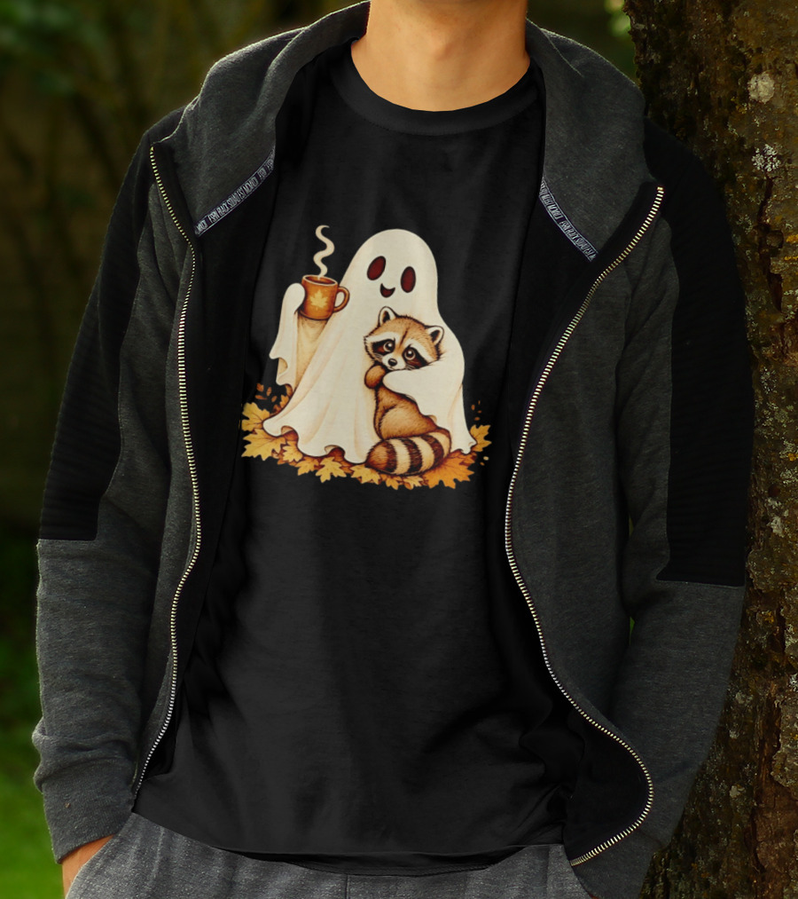 Ghost Hugging Raccoon With Coffee And Autumn Leaves T-Shirt