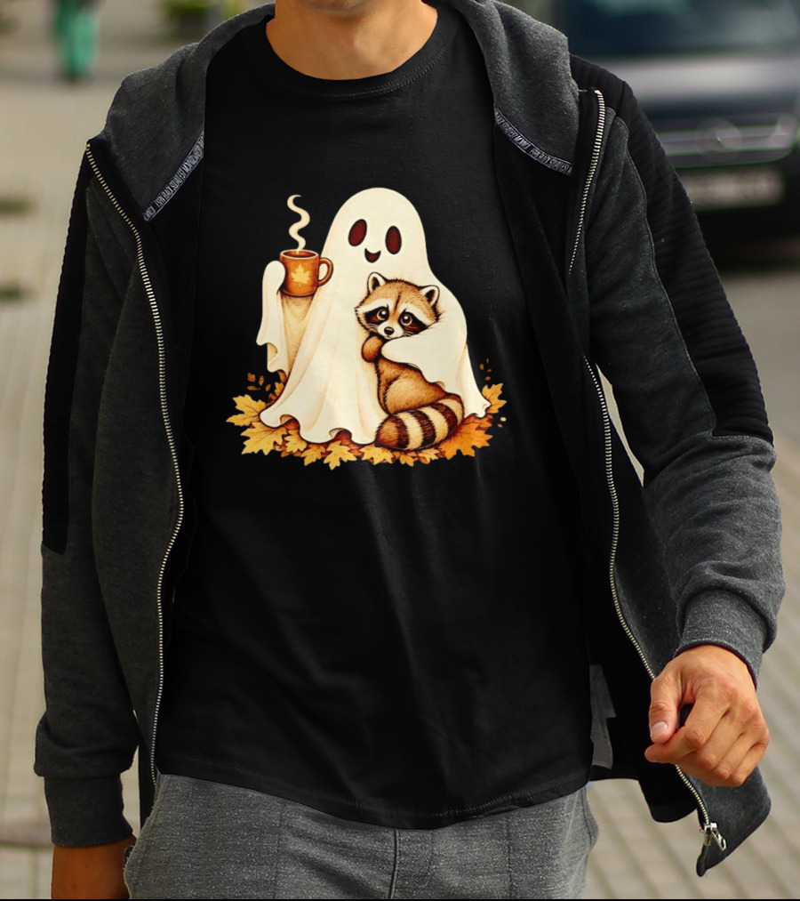 Ghost Hugging Raccoon With Coffee And Autumn Leaves T-Shirt