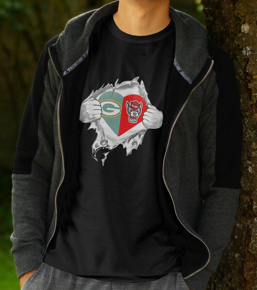Green Bay Packers NC State Wolfpack Heart Superman Chest Rip T-Shirt
