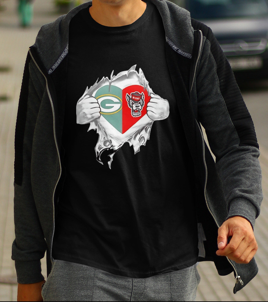 Green Bay Packers NC State Wolfpack Heart Superman Chest Rip T-Shirt