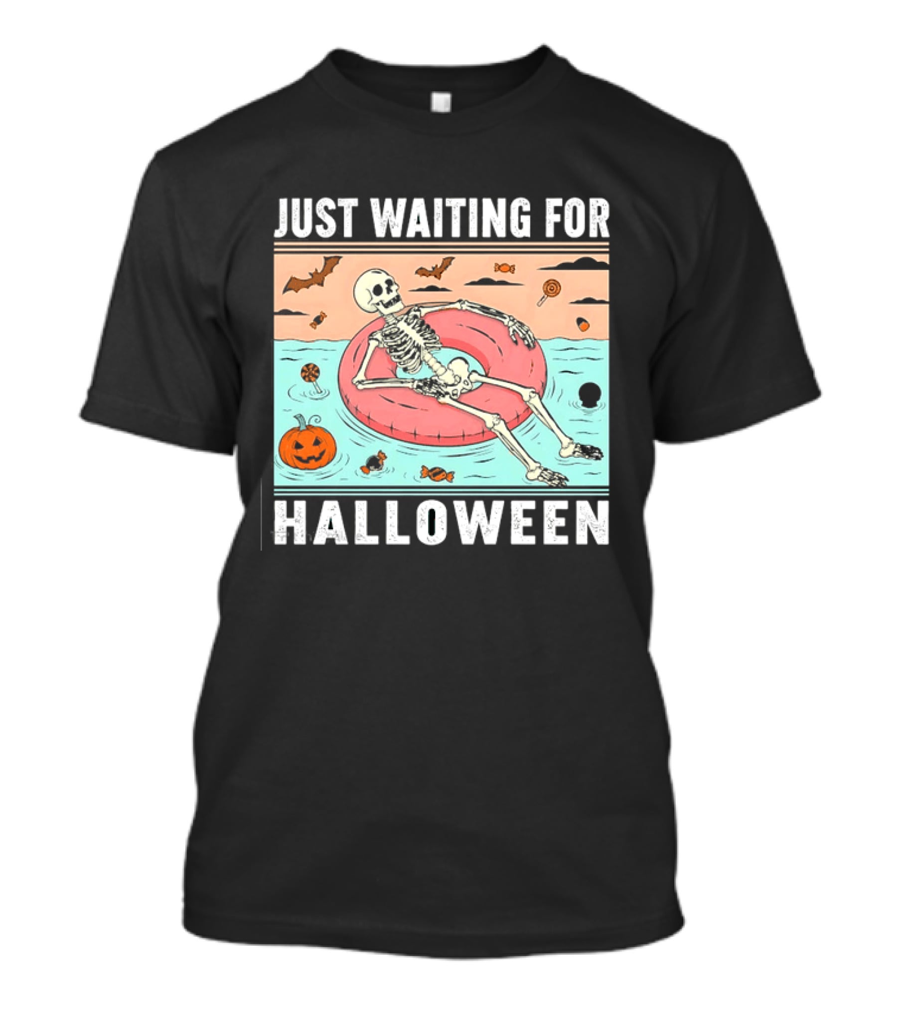 Just Waiting For Halloween Skeleton Pool Float With Candy And Pumpkin T-Shirt