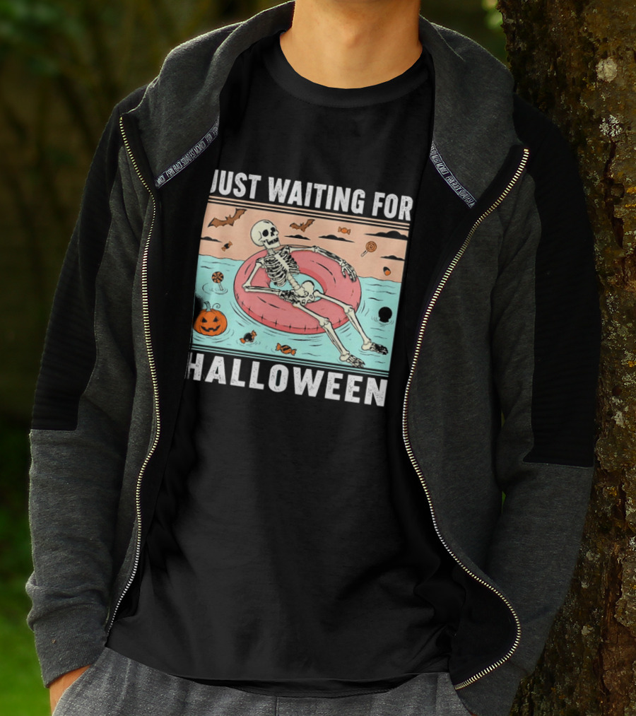 Just Waiting For Halloween Skeleton Pool Float With Candy And Pumpkin T-Shirt