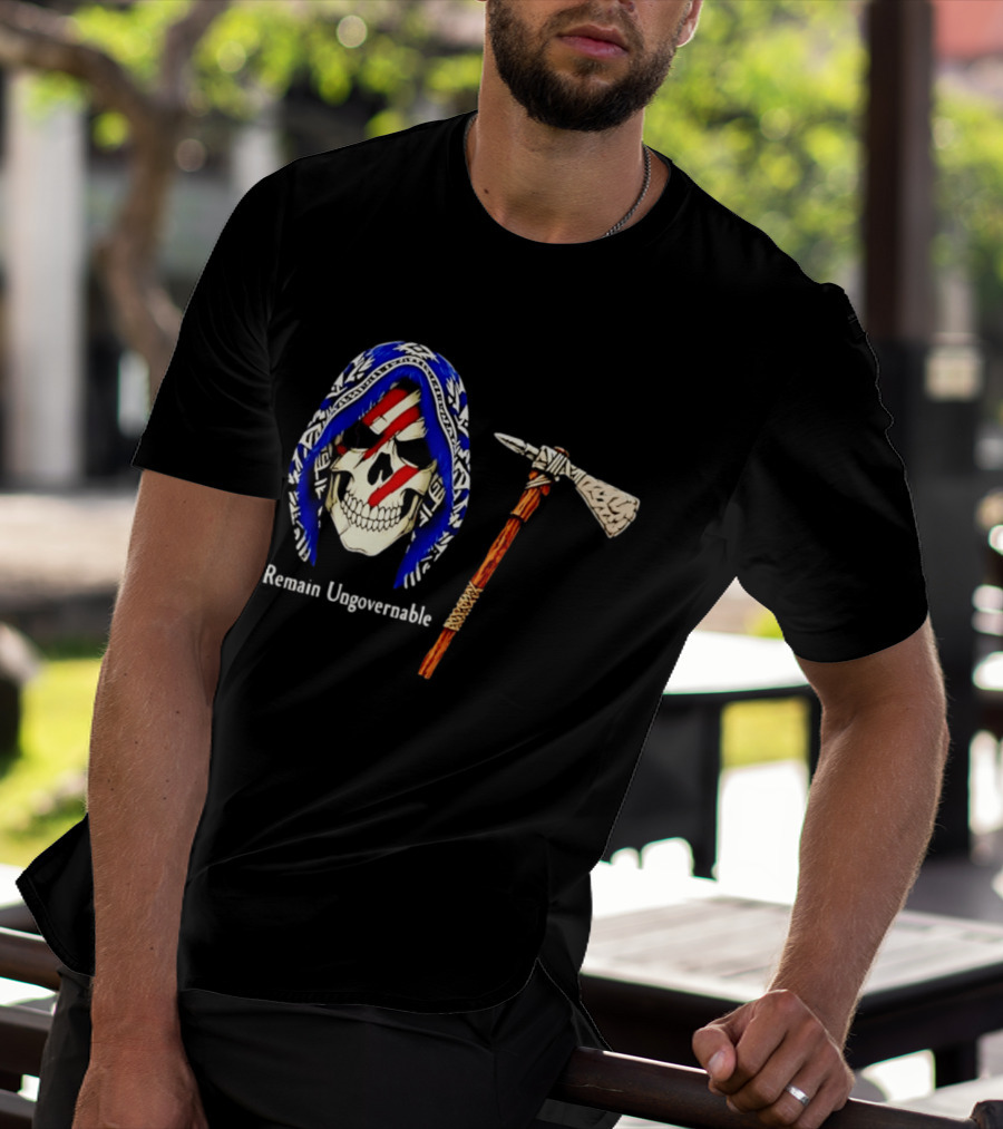 Skull With Tomahawk Remain Ungovernable Hooded Skeleton Red Marks T-Shirt