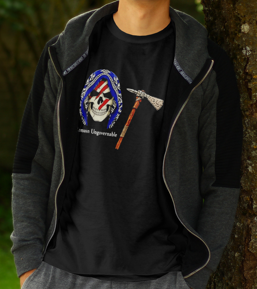Skull With Tomahawk Remain Ungovernable Hooded Skeleton Red Marks T-Shirt