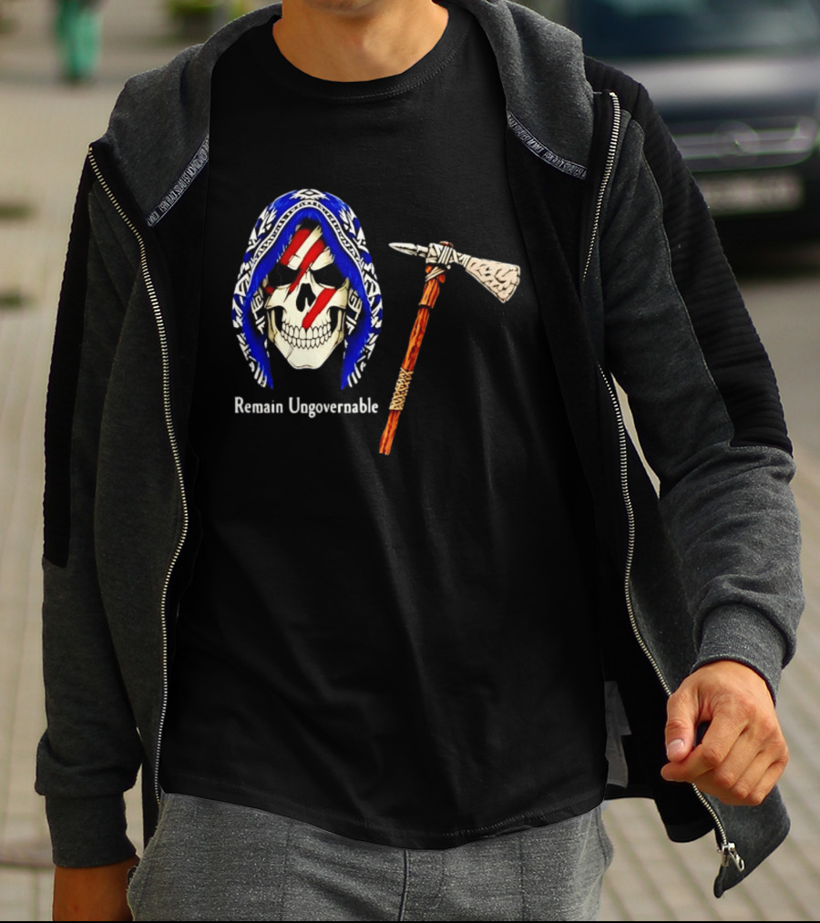 Skull With Tomahawk Remain Ungovernable Hooded Skeleton Red Marks T-Shirt