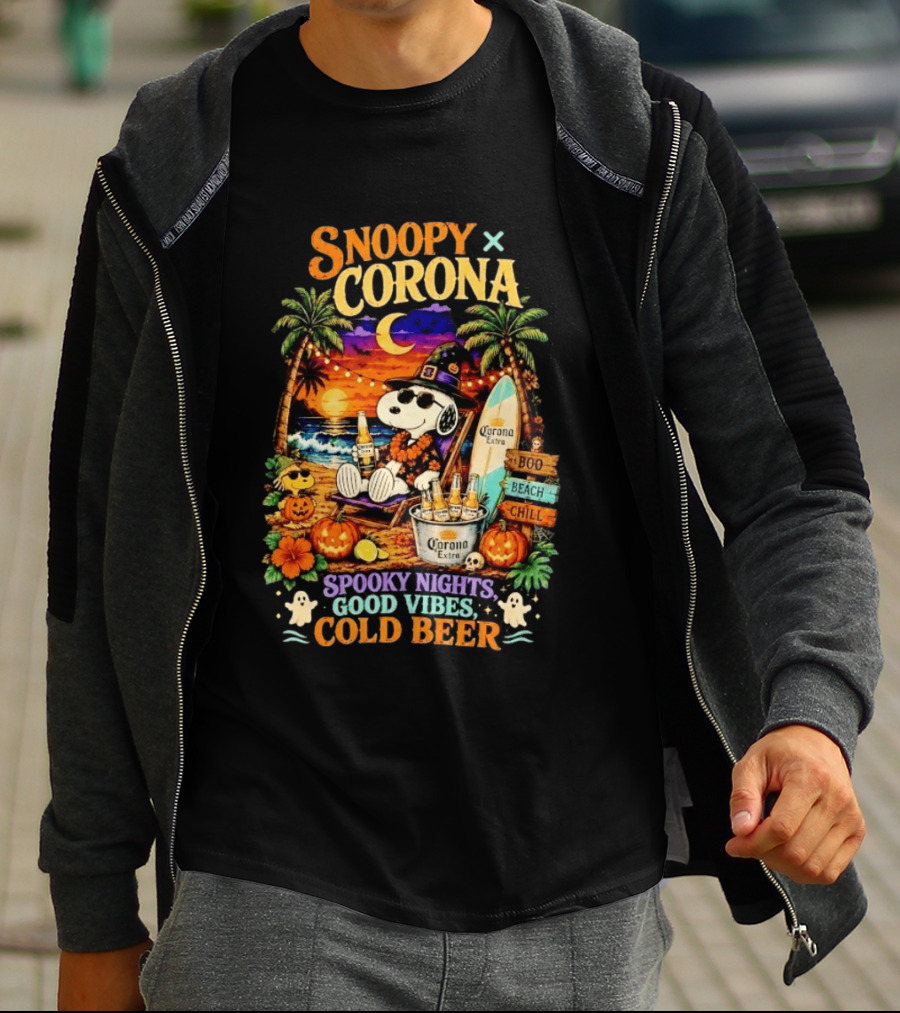 Snoopy X Corona Boo Beach Chill Spooky Nights Good Vibes Cold Beer T-Shirt