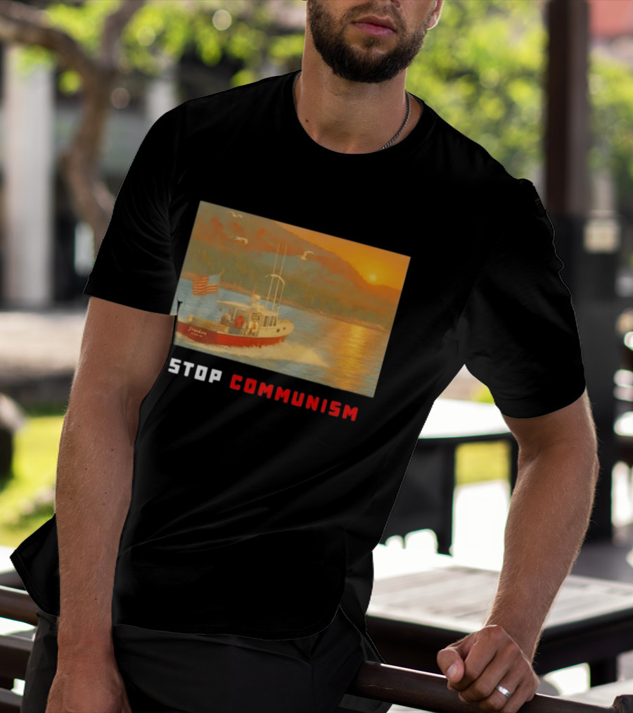 Stop Communism Freedom Boat American Flag Sunset Landscape T-Shirt
