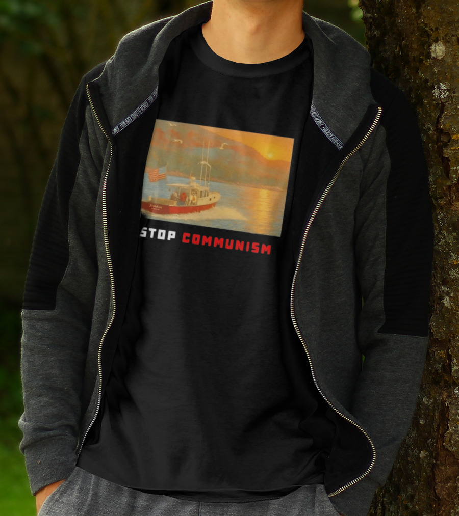 Stop Communism Freedom Boat American Flag Sunset Landscape T-Shirt