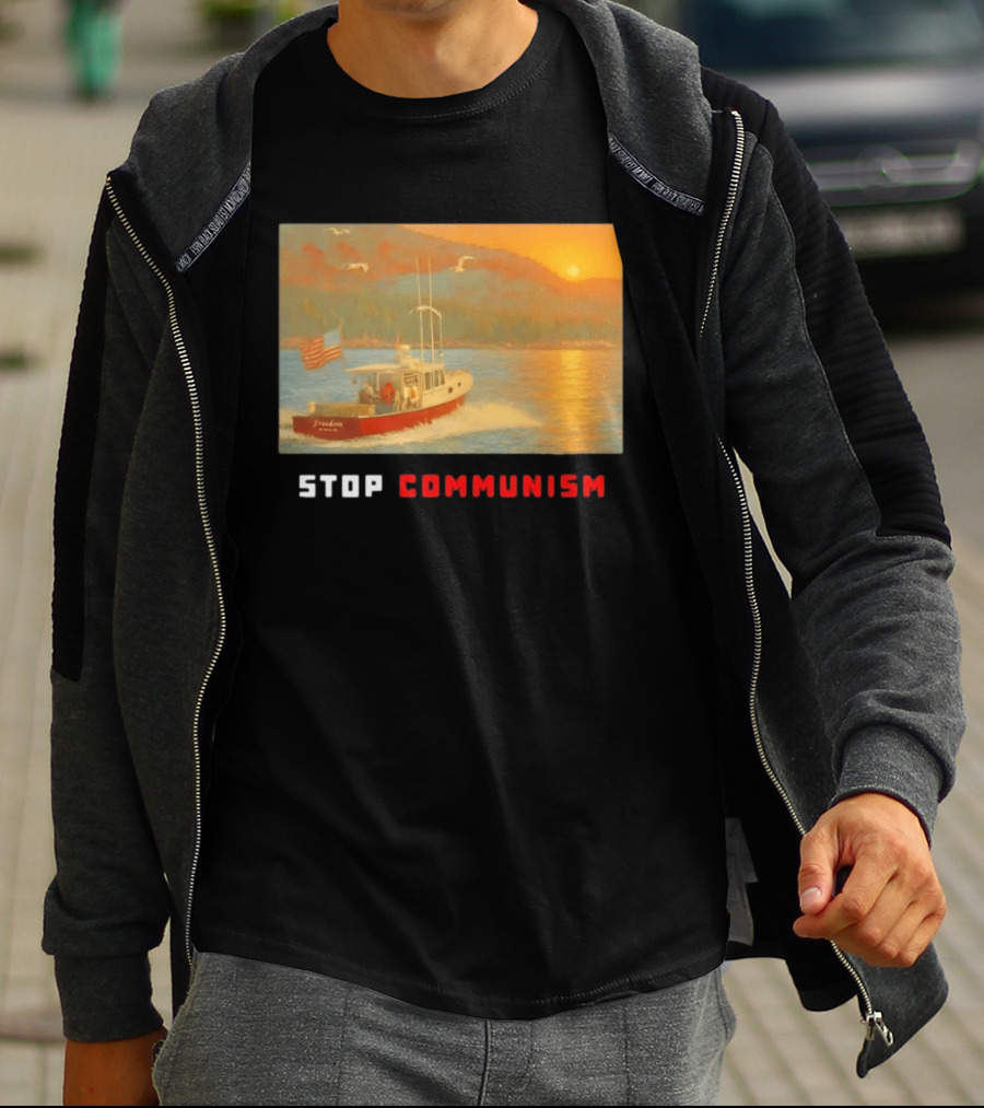 Stop Communism Freedom Boat American Flag Sunset Landscape T-Shirt