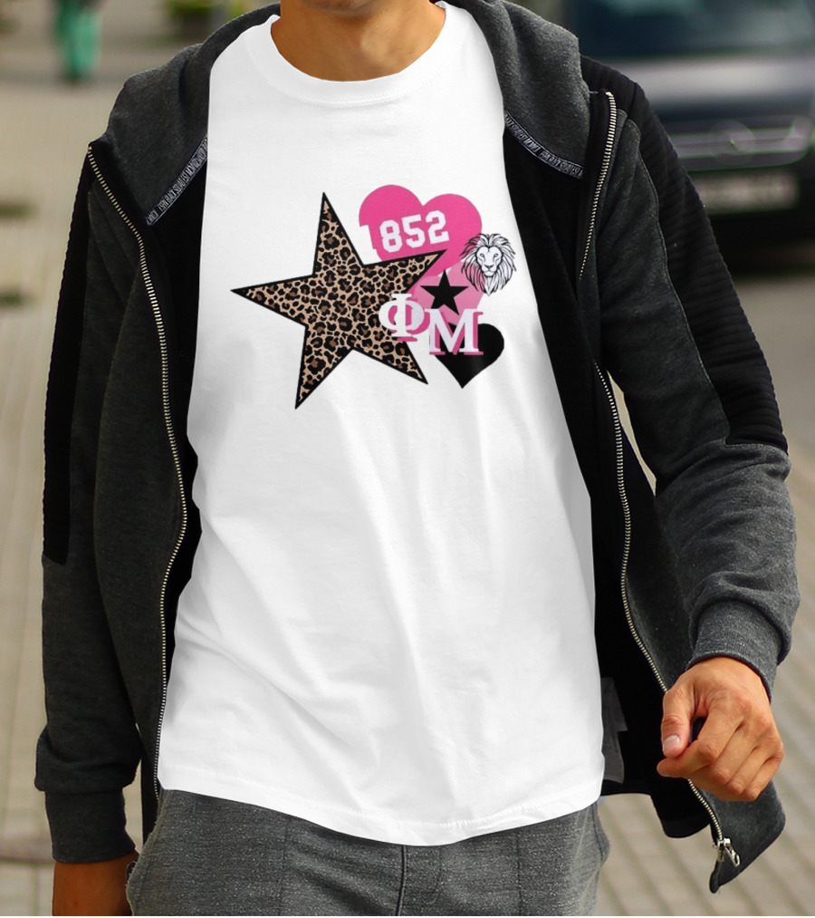 Phi Mu 1852 Leopard Star Lion 852 Pink Heart Sorority T-Shirt