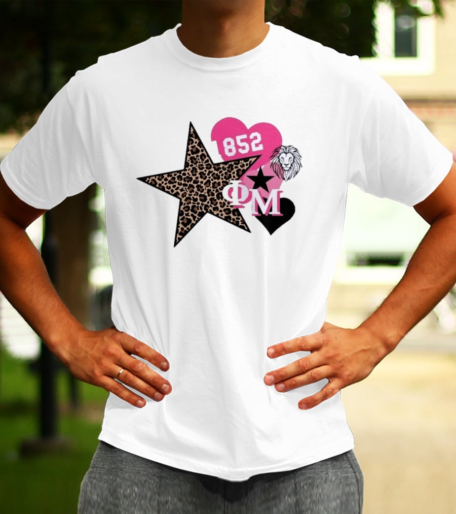 Phi Mu 1852 Leopard Star Lion 852 Pink Heart Sorority T-Shirt