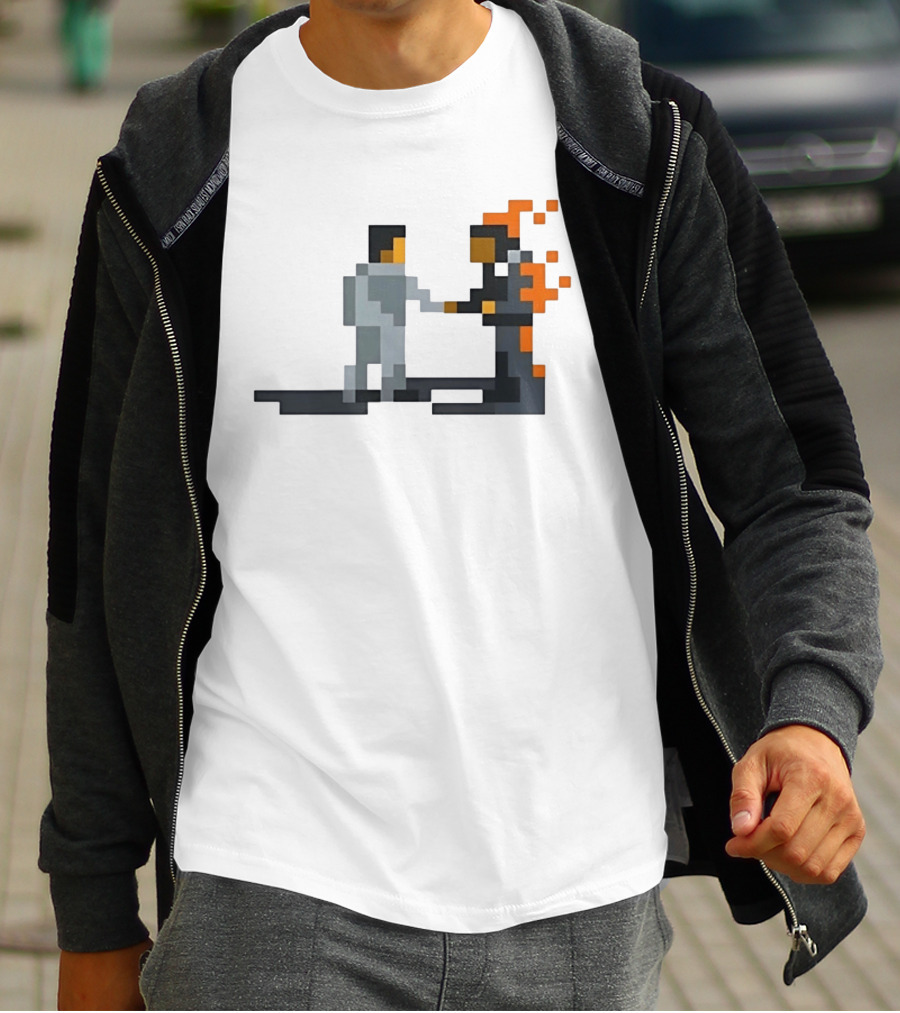 Pink Floyd Wish You Were Here Pixelated Two Men Shaking Hands Flames T-Shirt