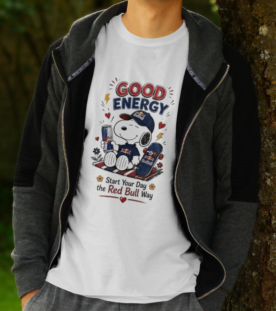 Snoopy Good Energy Start Your Day The Red Bull Way Skateboard And Drink T-Shirt