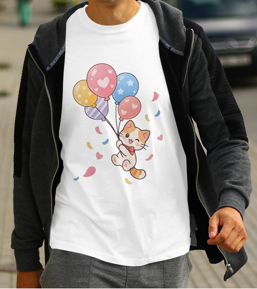 Cat Floating With Colorful Balloons T-Shirt