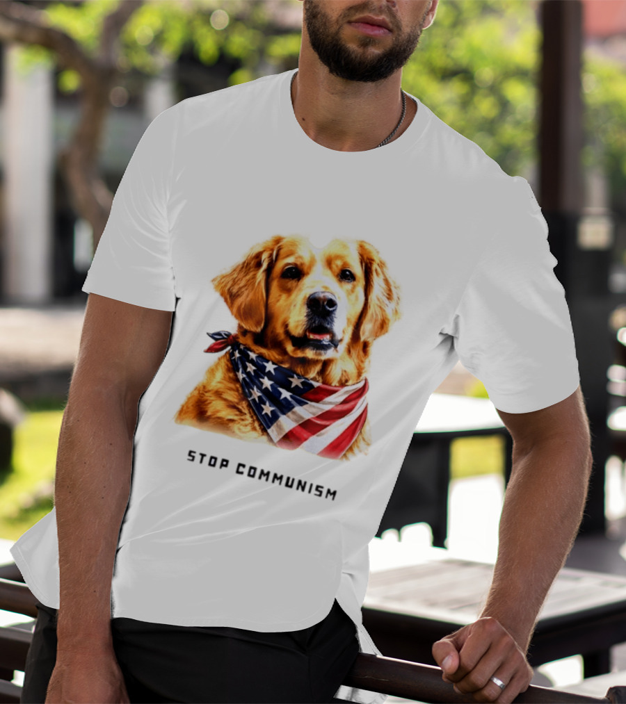Golden Retriever Wearing American Flag Bandana Stop Communism T-Shirt