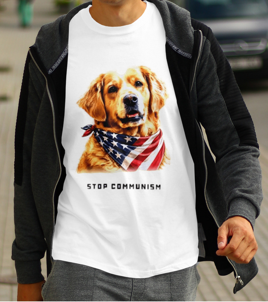 Golden Retriever Wearing American Flag Bandana Stop Communism T-Shirt