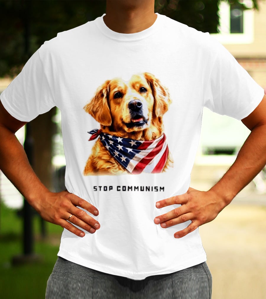 Golden Retriever Wearing American Flag Bandana Stop Communism T-Shirt