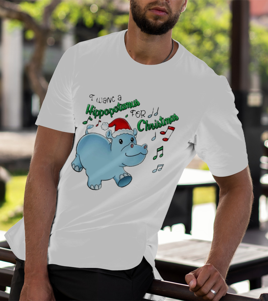Inktastic I Want A Hippopotamus For Christmas Hippo In Santa Hat T-Shirt