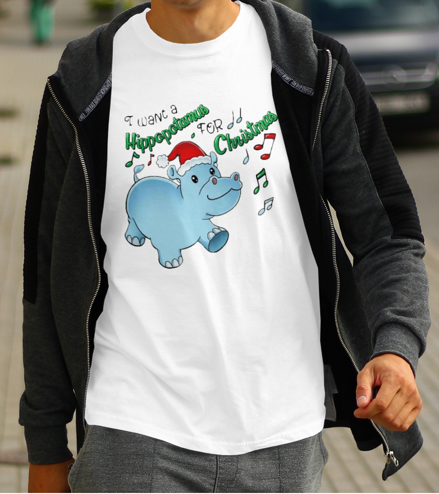 Inktastic I Want A Hippopotamus For Christmas Hippo In Santa Hat T-Shirt