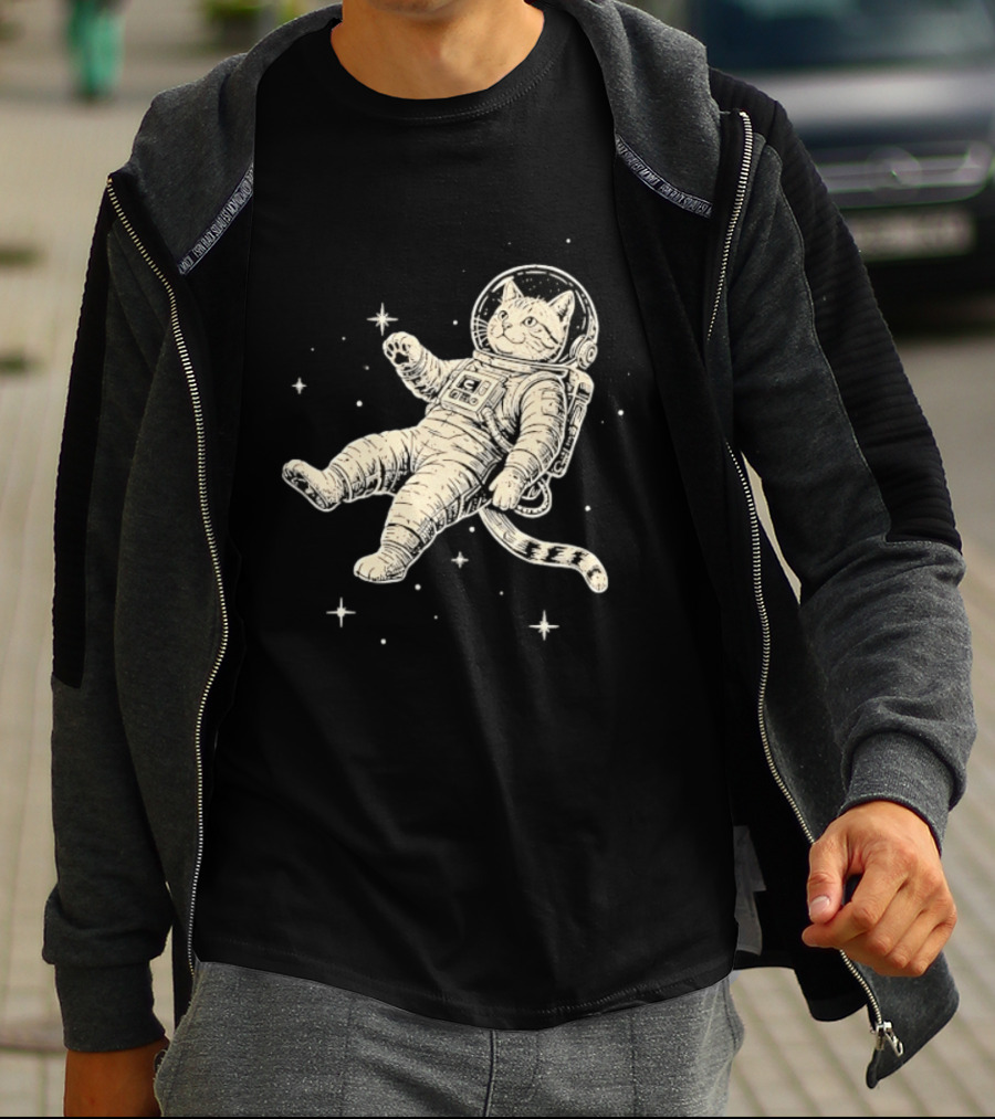 Astronaut Cat Floating In Space With Stars And Helmet T-Shirt