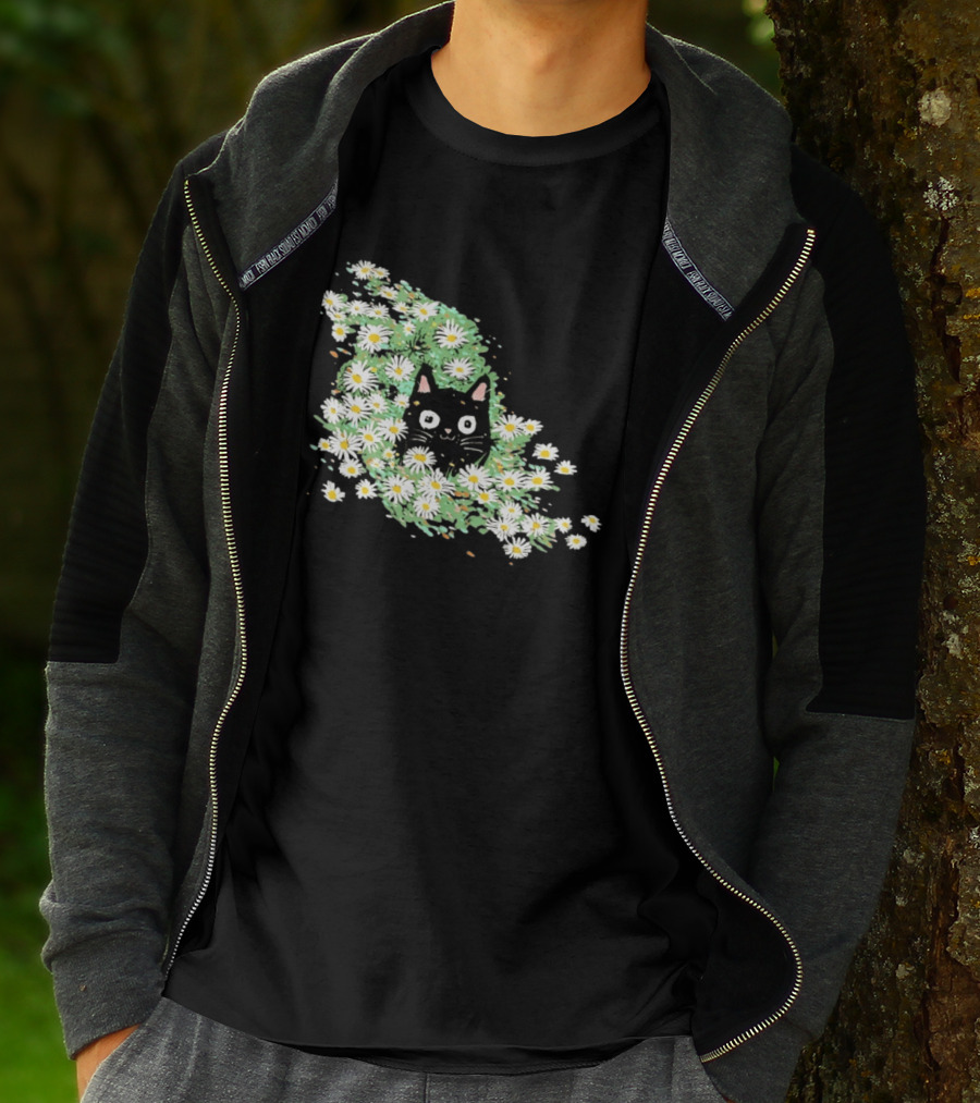 Black Cat Surrounded By Daisies In A Field T-Shirt