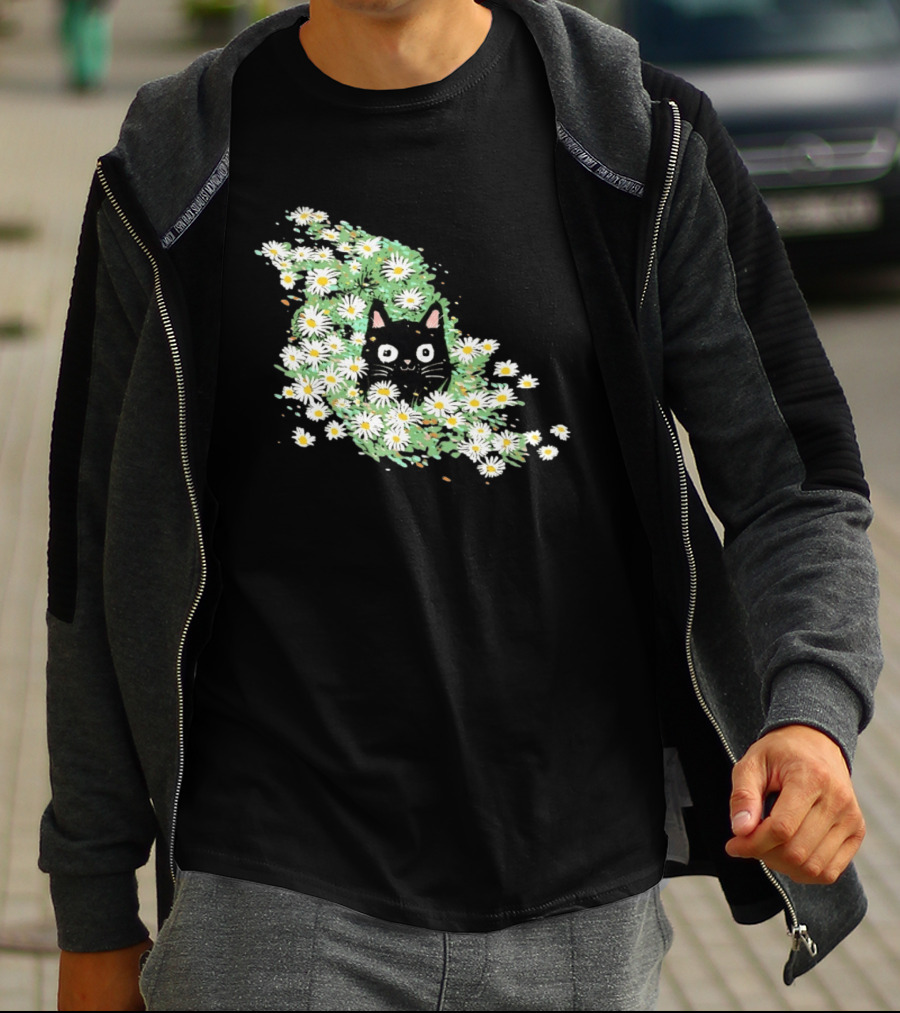 Black Cat Surrounded By Daisies In A Field T-Shirt