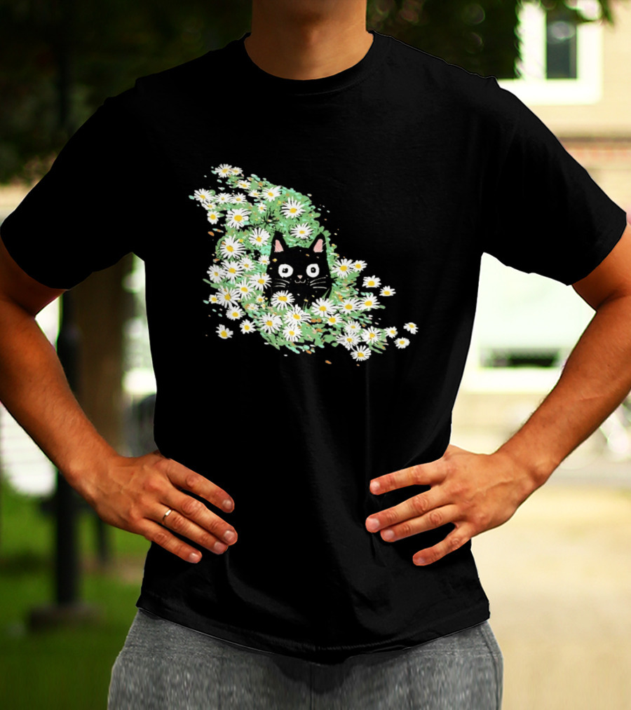 Black Cat Surrounded By Daisies In A Field T-Shirt
