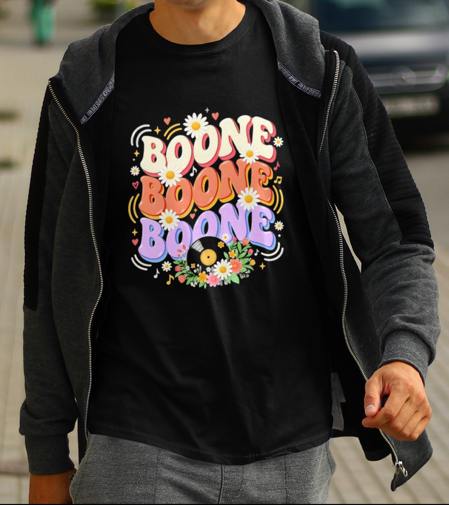 Boone Floral Vinyl Record Music Lover Colorful Daisy Notes Hearts T-Shirt