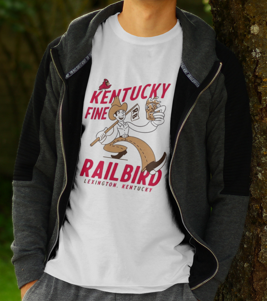 Kentucky Fine Railbird Lexington Kentucky Cowboy With Trophy And Cardinal T-Shirt