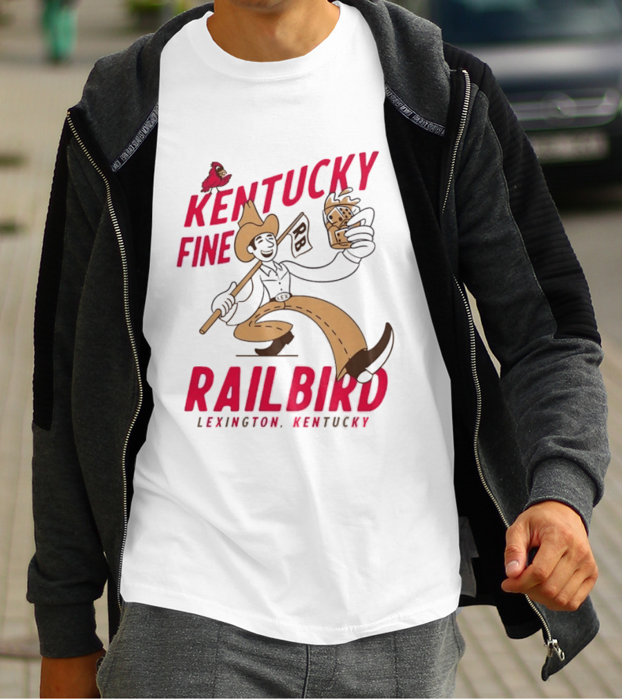 Kentucky Fine Railbird Lexington Kentucky Cowboy With Trophy And Cardinal T-Shirt