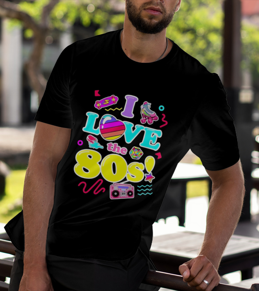 I Love The 80s Nostalgia Roller Skates Boombox Rubik's Cube Retro Fun T-Shirt